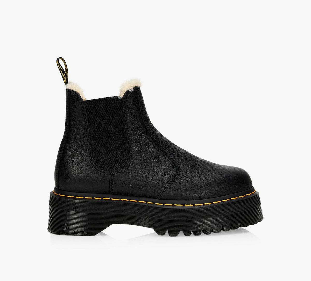DR. MARTENS 2976FAUXFURLINEDQUADPLATFORMCHELSEABOOTS in BLACK