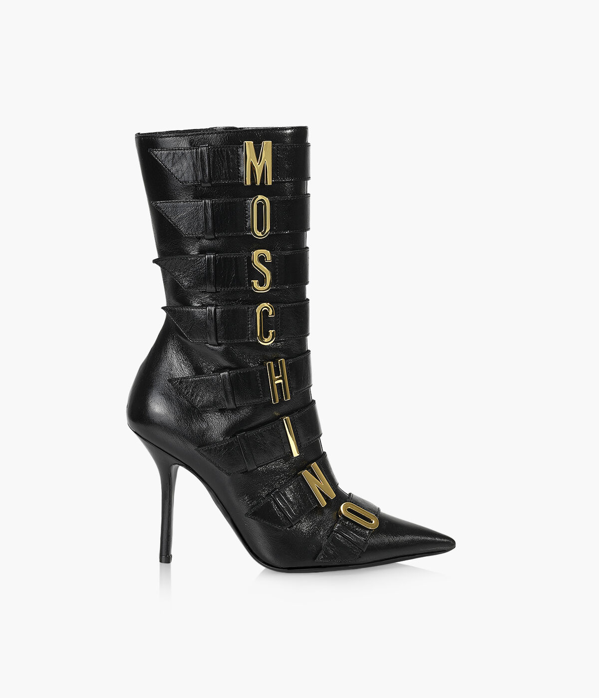 MOSCHINO LOGO PLAQUE LEATHER BOOTS Black Browns Shoes